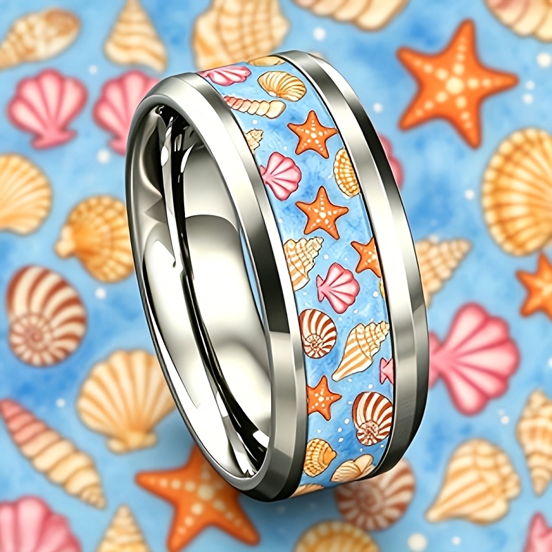 Women's Light Blue Starfish Seashell Ring, 304 Stainless Steel